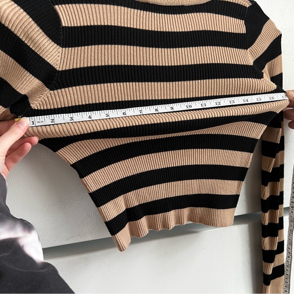 CLEARANCE Women’s Small Cropped Striped Black and Tan Sweater - Picture 4 of 10